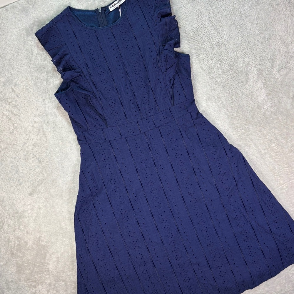 ECOWISH Women Eyelet Dress Size L Blue Ruffle Sleeveless Cotton NWT‎